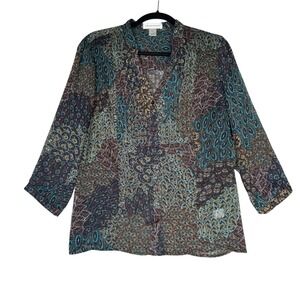 Christopher Banks Shirt Womens Small Brown‎ Turquoise Pleated Paisley Semi Sheer